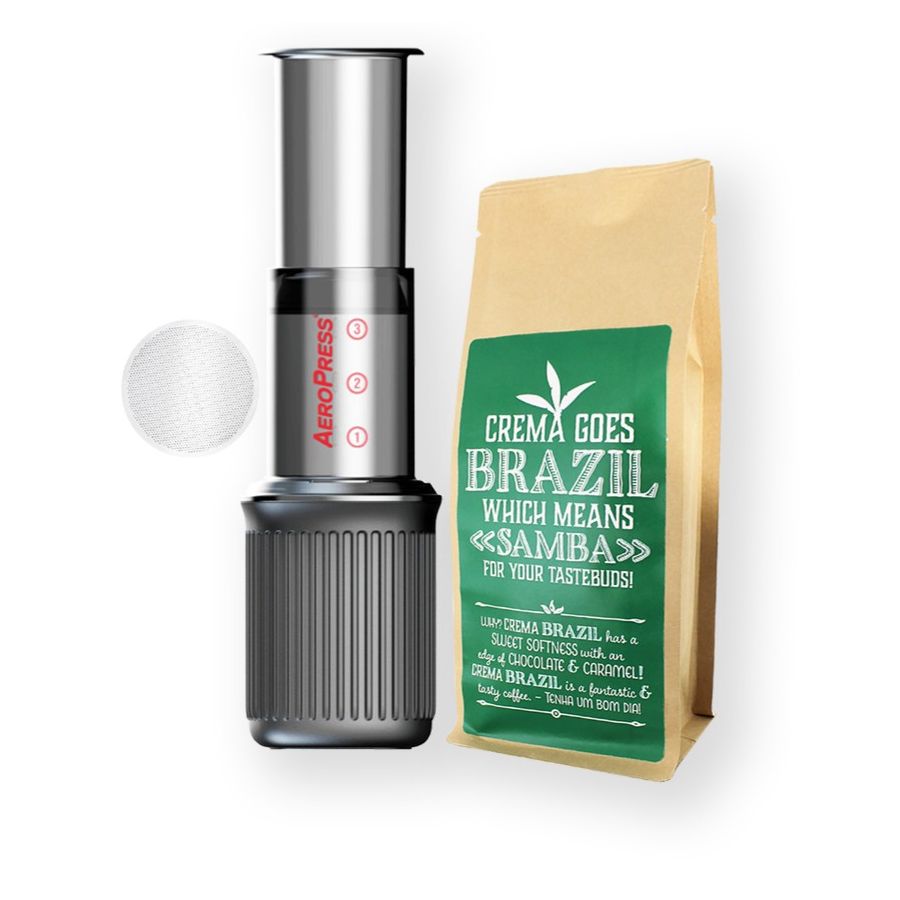 AeroPress Go stempelkande + permanent stålfiler + Crema Brazil 250 g