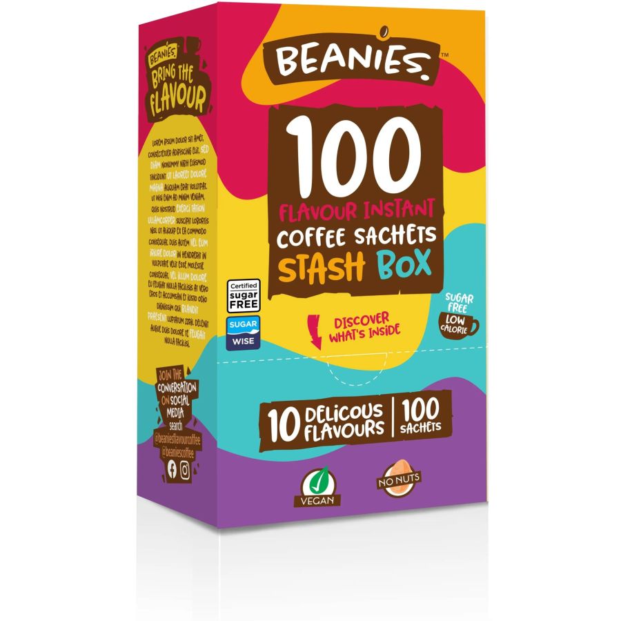 Beanies 100 Mixed Stash Box -æske med smagsat instant kaffe, 100 portionspakninger