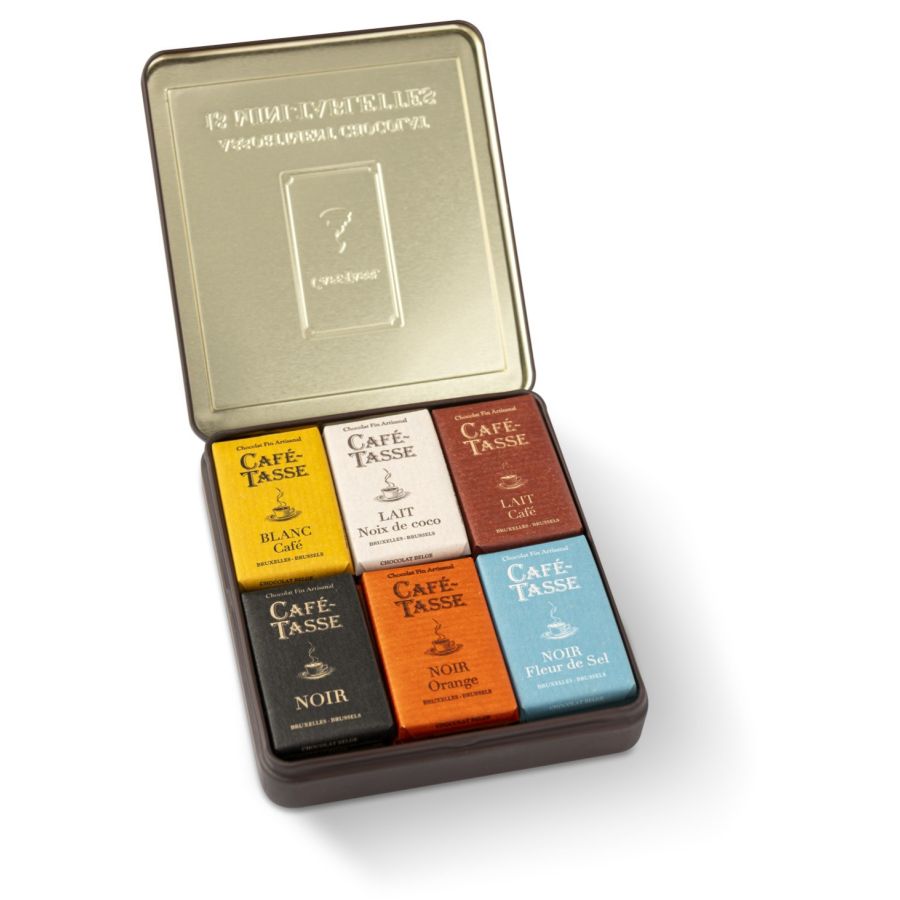 Café-Tasse sortiment 18 minichokoladebarer, metalkasse 162 g