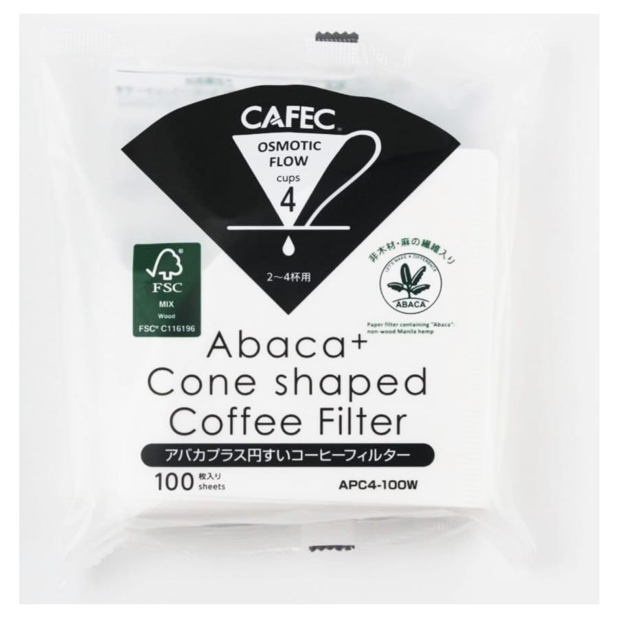 CAFEC Abaca+ Cone Shaped Coffee Filter kaffefilterpapir 4 kopper, hvid 100 stk