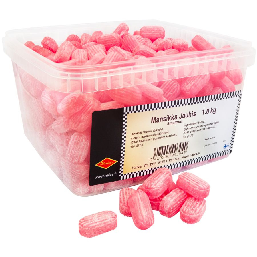 Halva hårde jordbærkarameller, kasse 1,8 kg