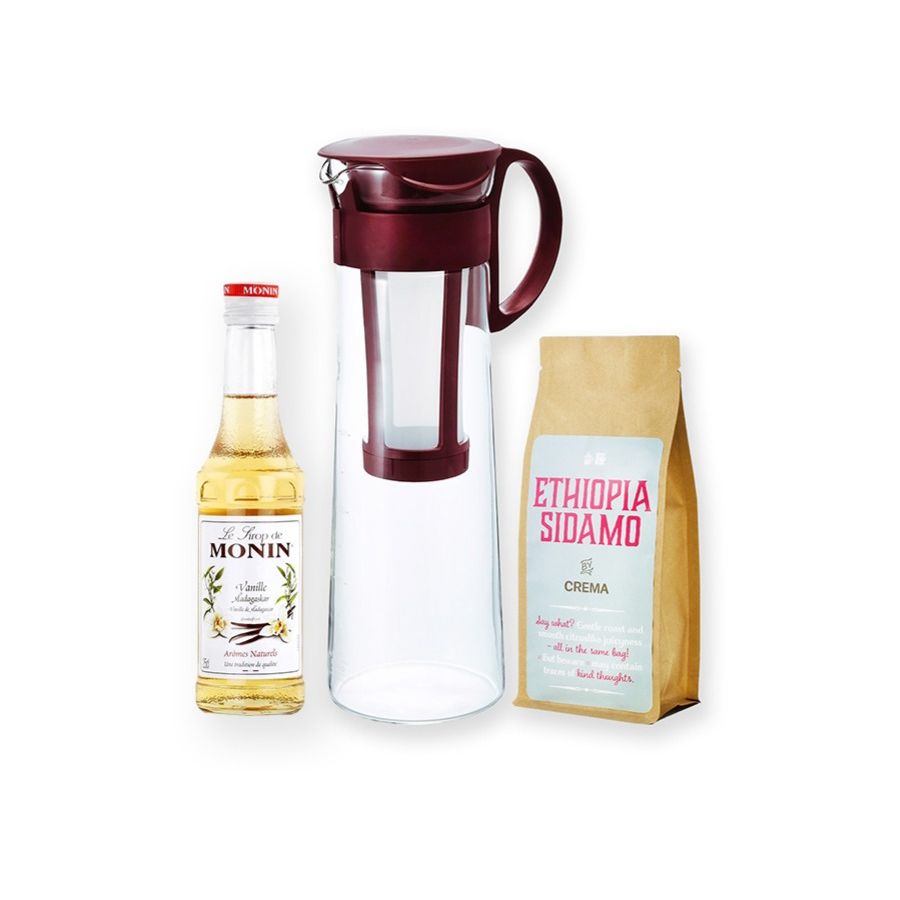 Hario Mizudashi Cold Brew kaffekande 1 l + Crema Ethiopia Sidamo 250 g + Monin Vanilla 250 ml