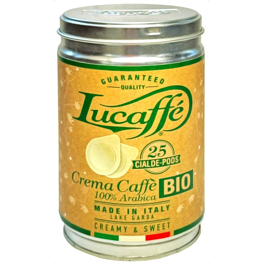 Lucaffé Crema Caffè Bio 100 % Arabica espresso pods 25 stk. i en dåse
