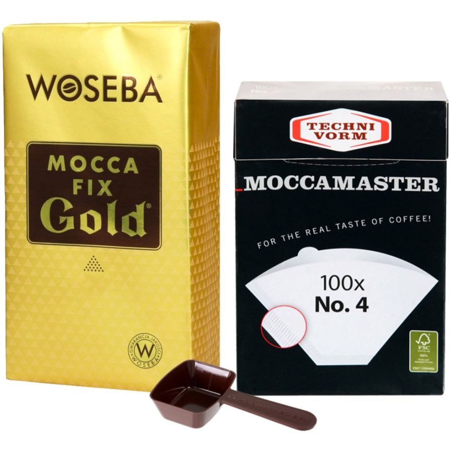 Moccamaster kaffemåleske & filtrerpapir 100 stk + Woseba Mocca Fix Gold 500 g