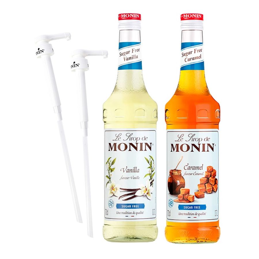 Monin sukkerfri Vanille 700 ml + sukkerfri Caramel 700 ml + 2 stk. Monin siruppumper