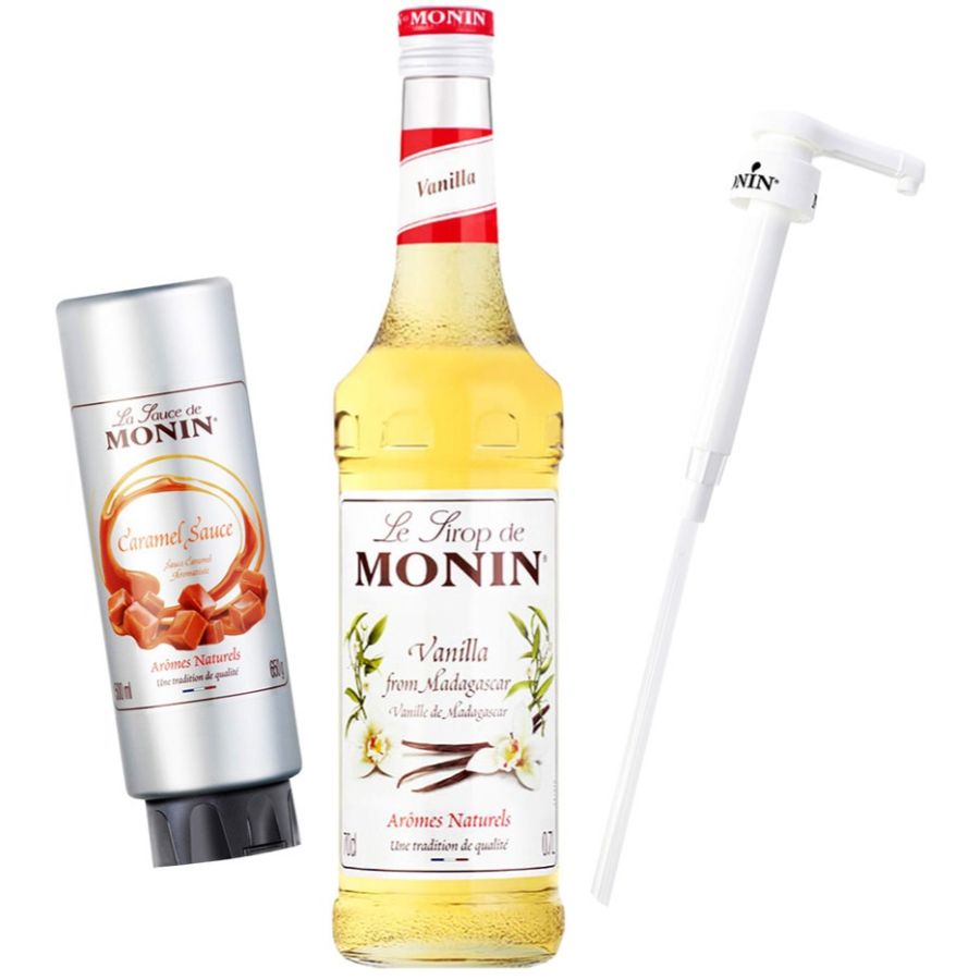 Monin Vanilje 700 ml + Monin karamelsauce 500 ml + Monin siruppumpe