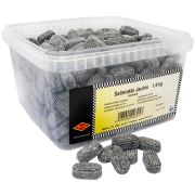 Halva hårde salmiakbolsjer, kasse 1,8 kg
